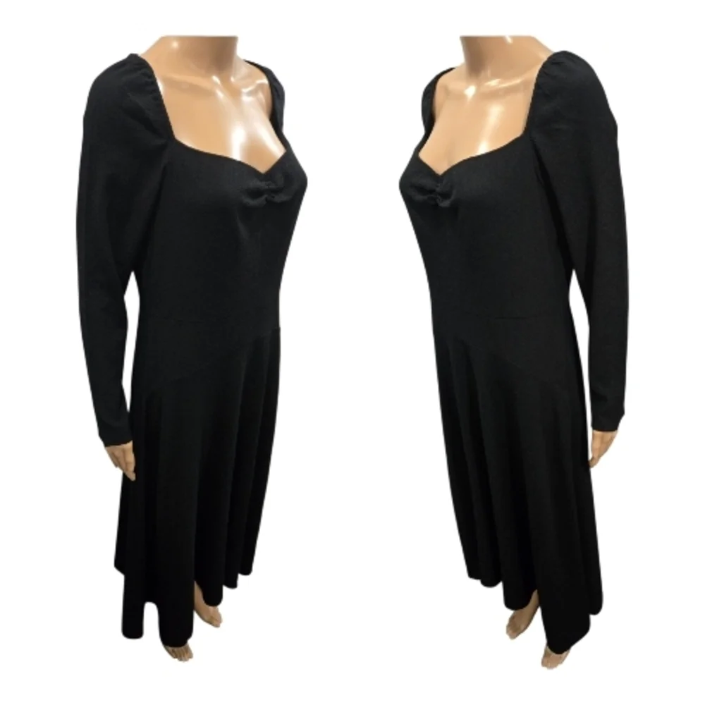Vince Black Ruched Sweetheart Neck Long Sleeve Flare Midi Dress Size 10 - Picture 7 of 9